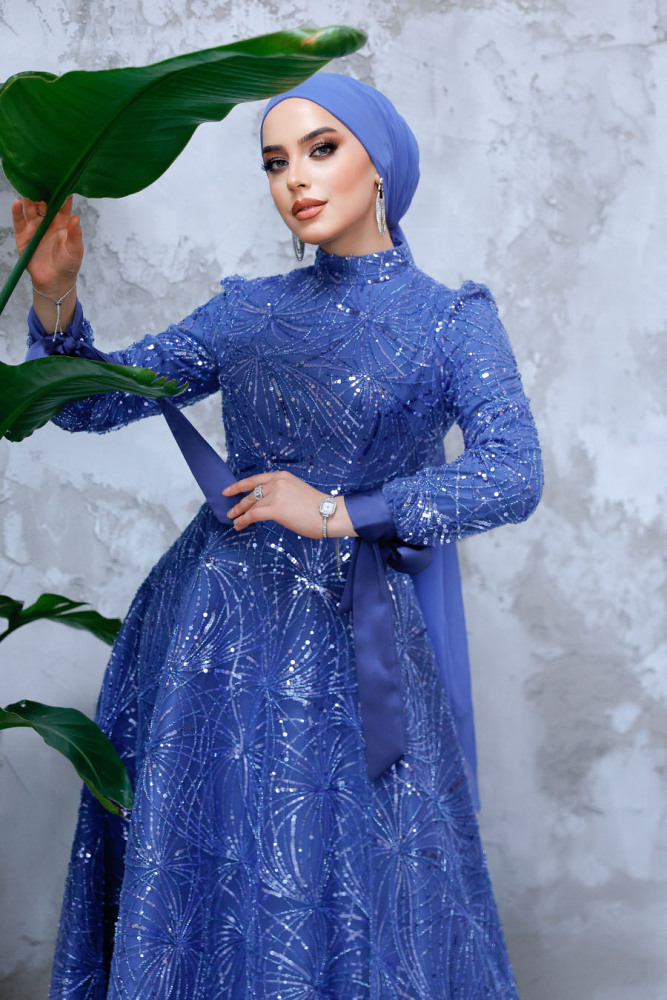 Modest İndigo Blue Elegant Evening Gown 4908IM - 3