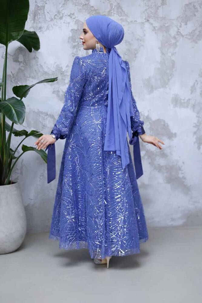 Modest İndigo Blue Elegant Evening Gown 4908IM - 4