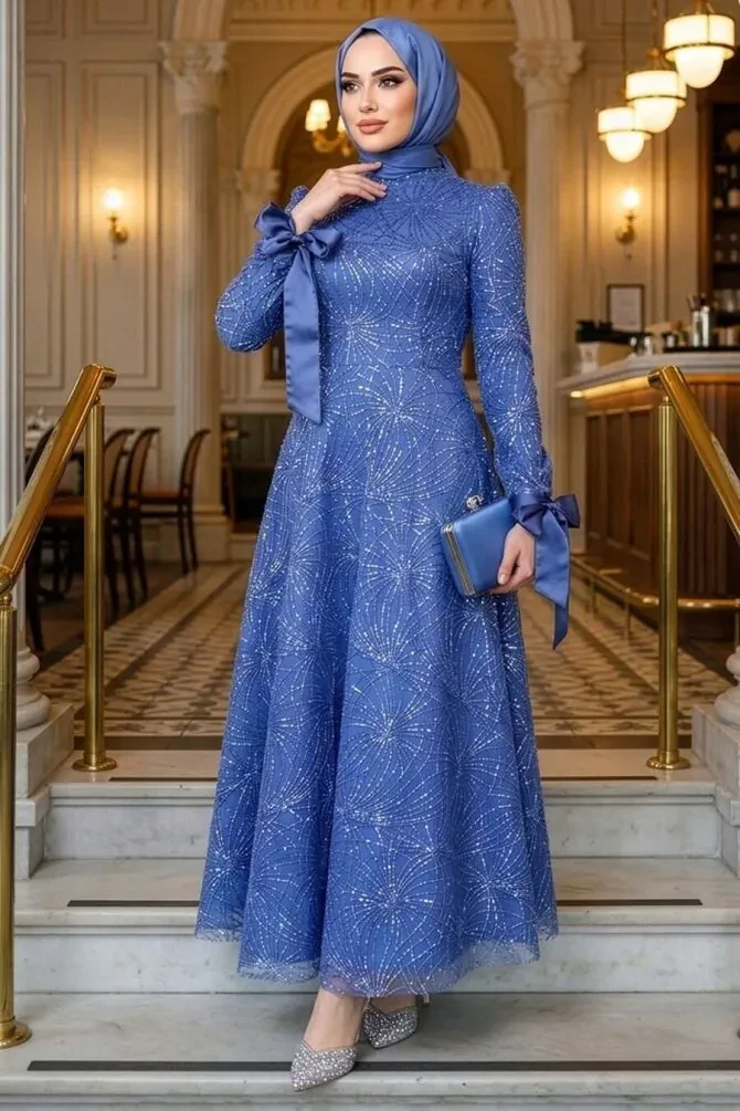 Modest İndigo Blue Elegant Evening Gown 4908IM - 1