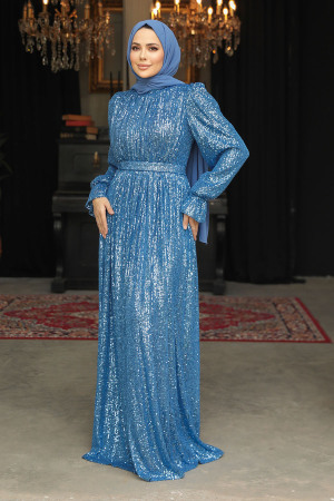 Modest İndigo Blue Evening Gown With Long Sleeve 44961IM - 4