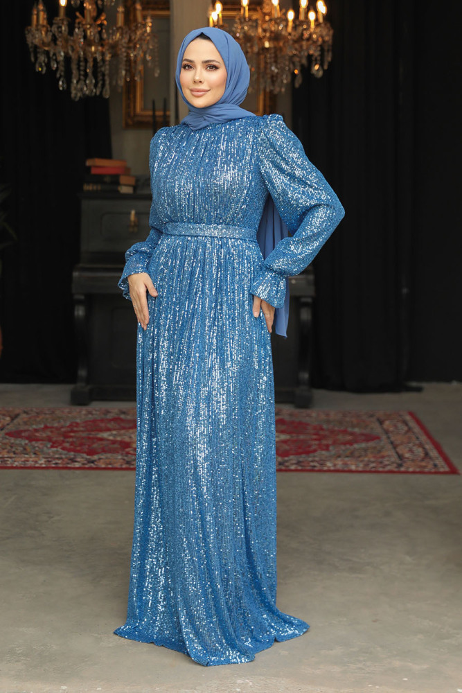 Modest İndigo Blue Evening Gown With Long Sleeve 44961IM - 4