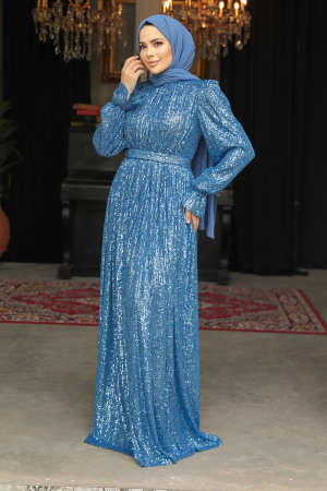 Modest İndigo Blue Evening Gown With Long Sleeve 44961IM - 2