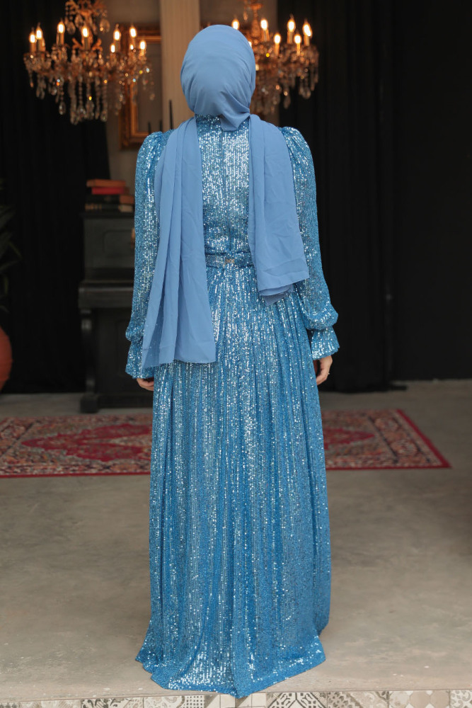 Modest İndigo Blue Evening Gown With Long Sleeve 44961IM - 5