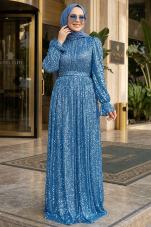 Modest İndigo Blue Evening Gown With Long Sleeve 44961IM - 1