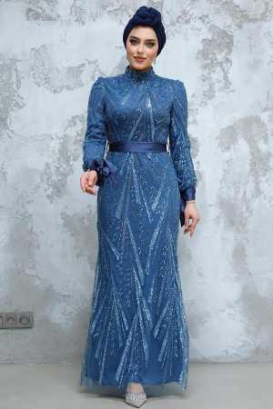 Modest İndigo Blue Evening Long Dress 47631IM - 1