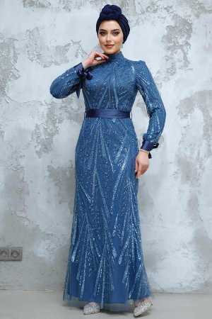 Modest İndigo Blue Evening Long Dress 47631IM - 2