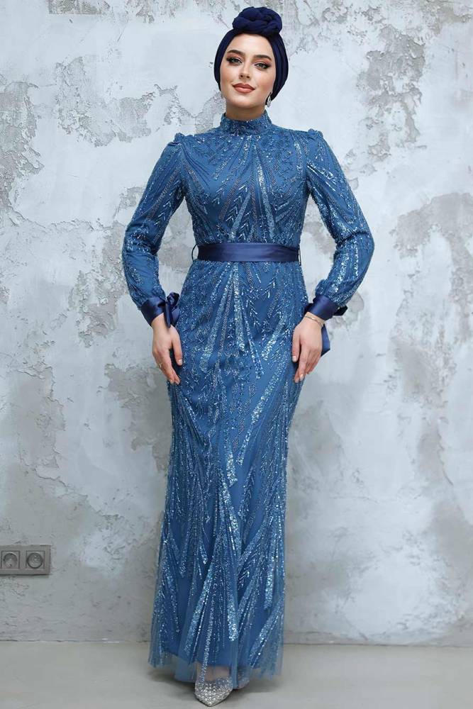 Modest İndigo Blue Evening Long Dress 47631IM - 3