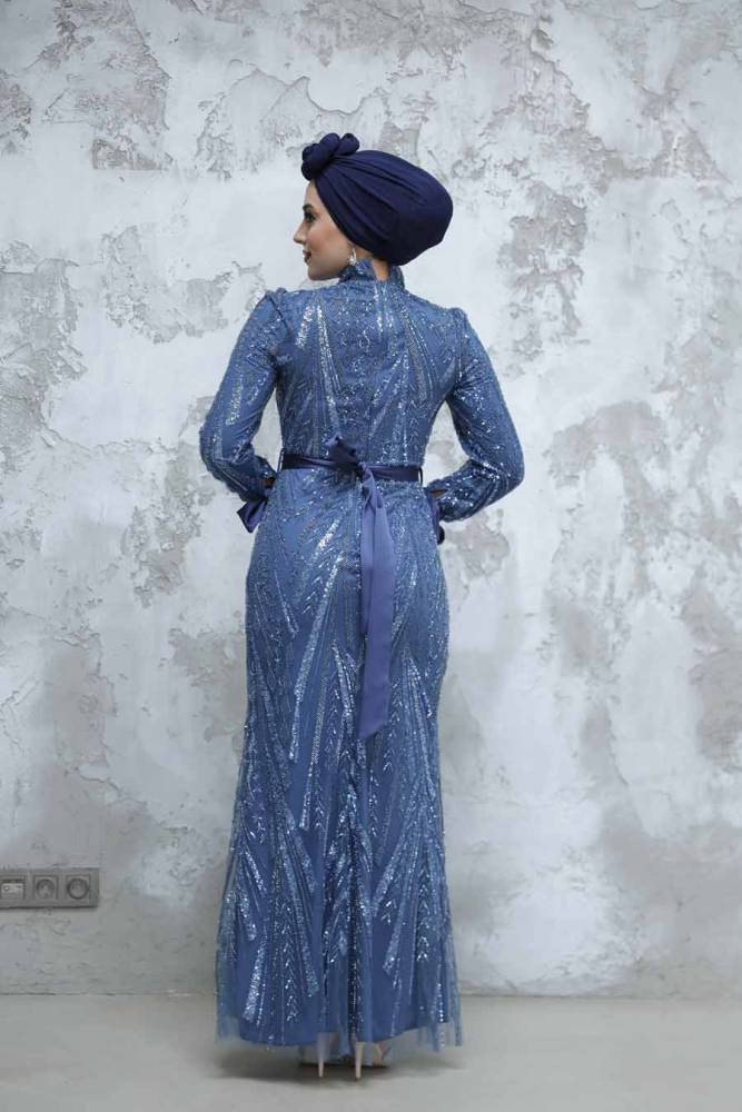 Modest İndigo Blue Evening Long Dress 47631IM - 4