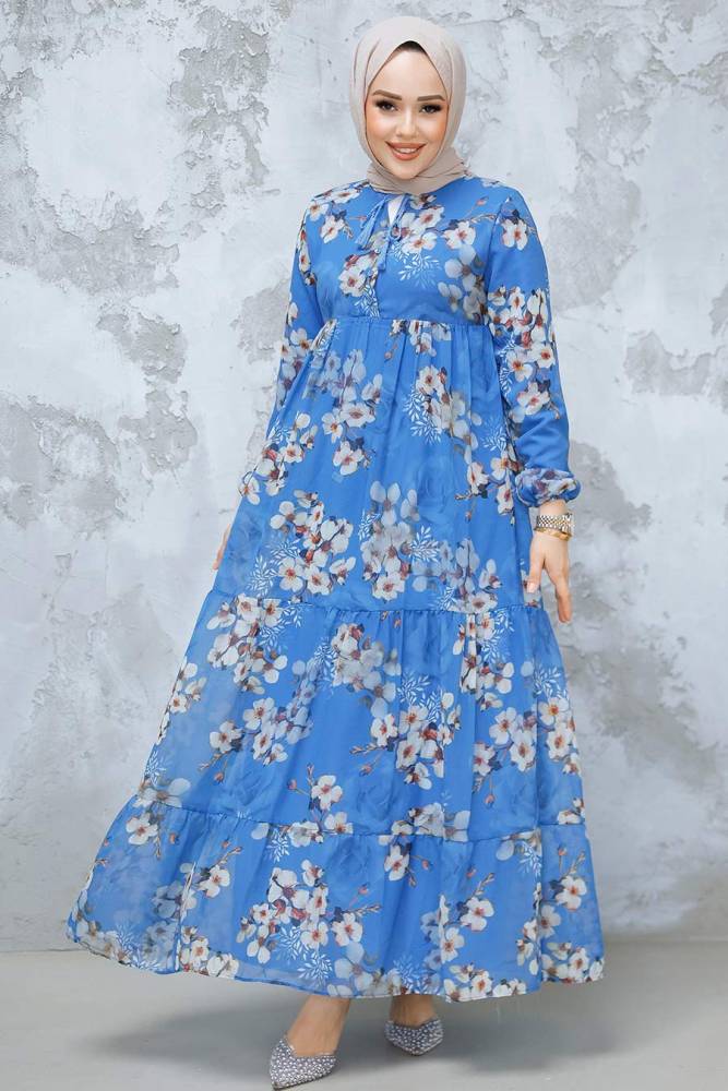 Modest İndigo Blue Floral Dress 22053IM - 2