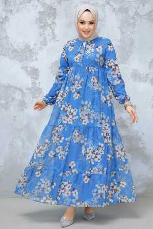 Modest İndigo Blue Floral Dress 22053IM - 1