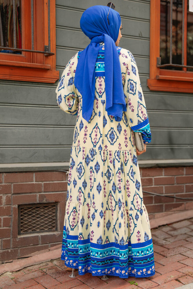 Modest İndigo Blue Floral Dress 35102IM - 3