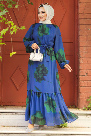 Modest İndigo Blue Floral Dress 60942IM - 1