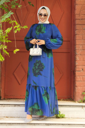 Modest İndigo Blue Floral Dress 60942IM - 3