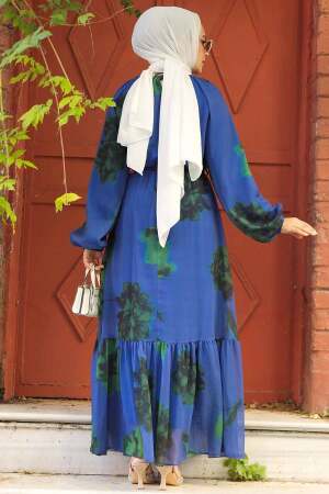 Modest İndigo Blue Floral Dress 60942IM - 4