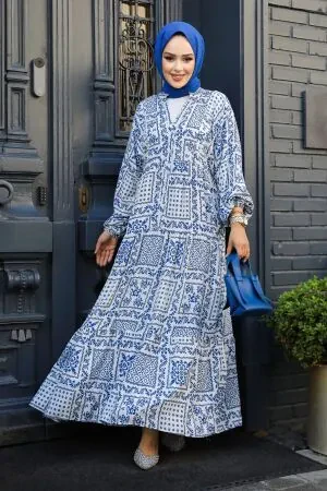 Modest İndigo Blue Floral Long Dress 23587IM 