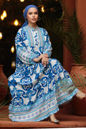 Modest İndigo Blue Floral Maxi Dress 18231IM - 1