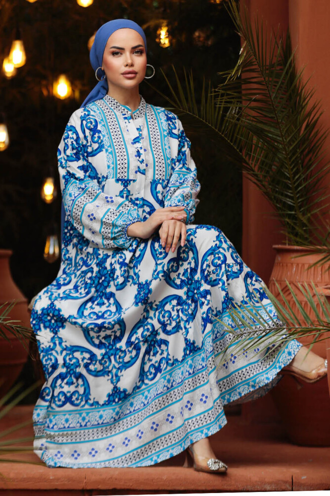 Modest İndigo Blue Floral Maxi Dress 18231IM - 1