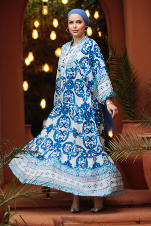 Modest İndigo Blue Floral Maxi Dress 18231IM - 2