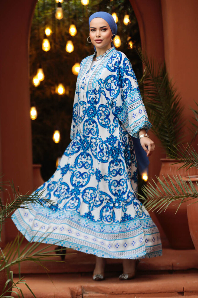 Modest İndigo Blue Floral Maxi Dress 18231IM - 2