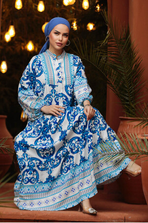 Modest İndigo Blue Floral Maxi Dress 18231IM - 4