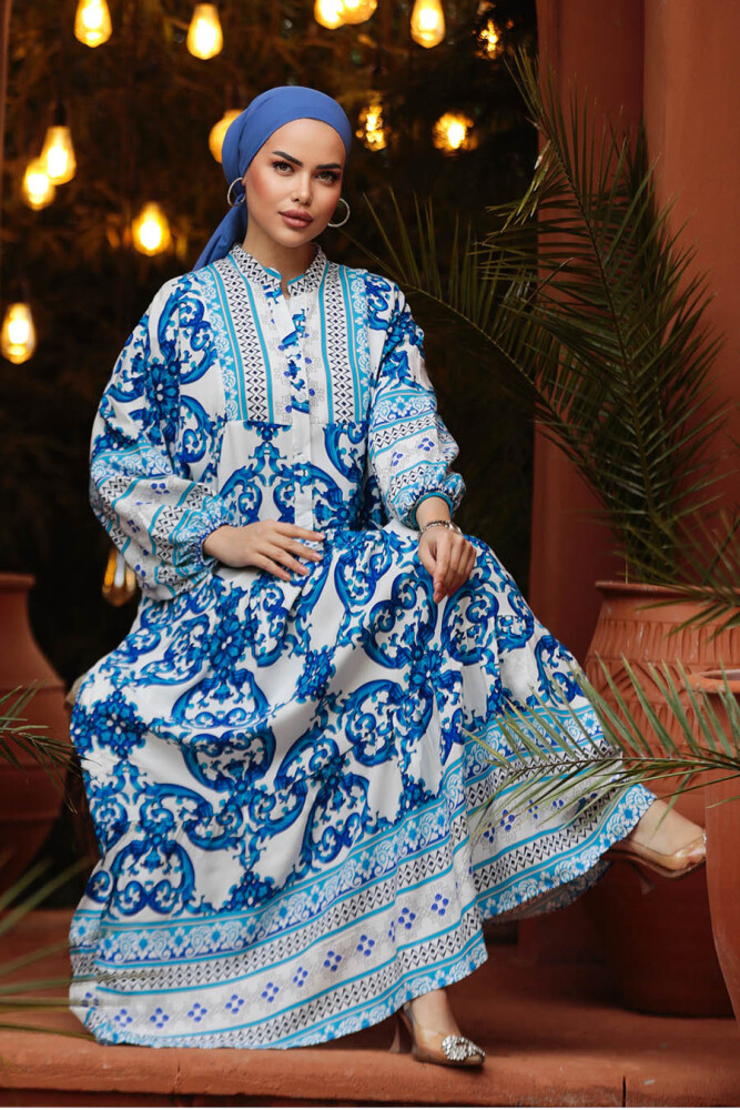 Modest İndigo Blue Floral Maxi Dress 18231IM - 4