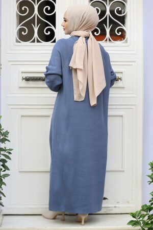 Modest İndigo Blue Knitwear Dress 30141IM - 3