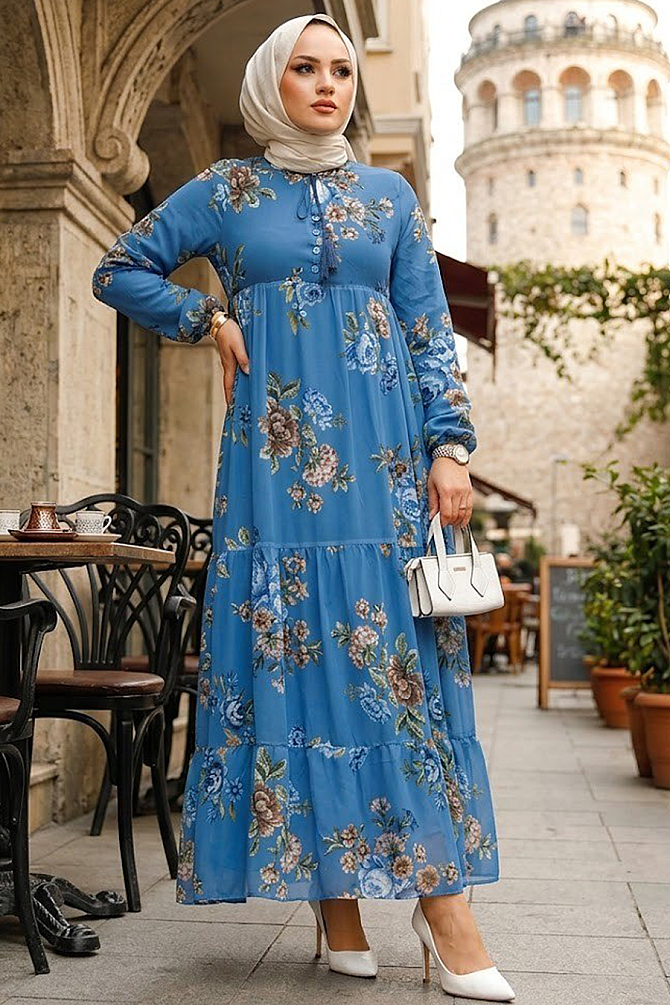 Modest İndigo Blue Long Floral Dress 22052IM - 1