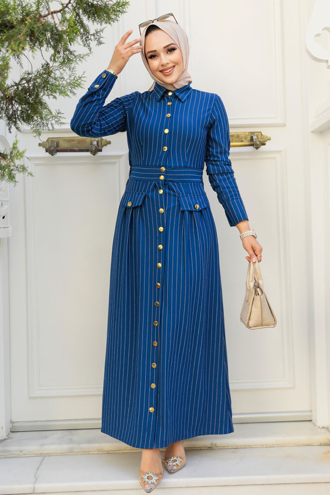 Modest İndigo Blue Maxi Dress 23051IM - 3