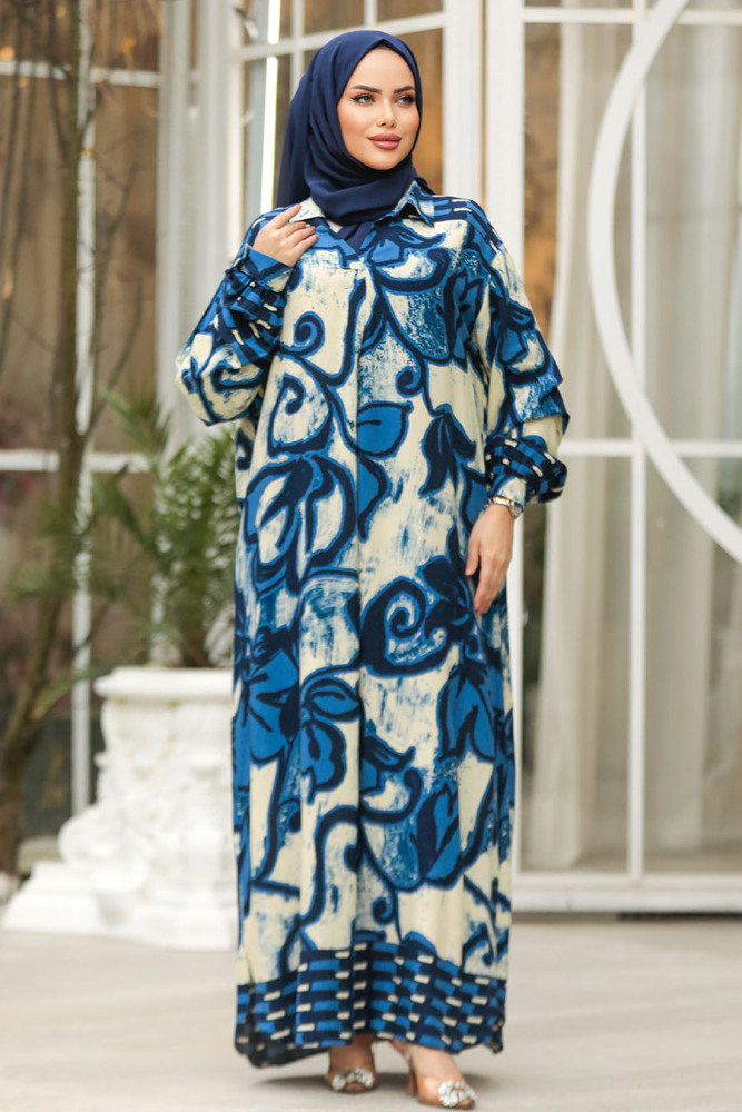 Modest İndigo Blue Maxi Dress 23171IM - 2