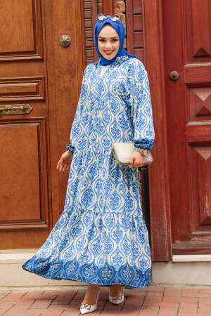 Modest İndigo Blue Maxi Floral Dress 35101IM - 2
