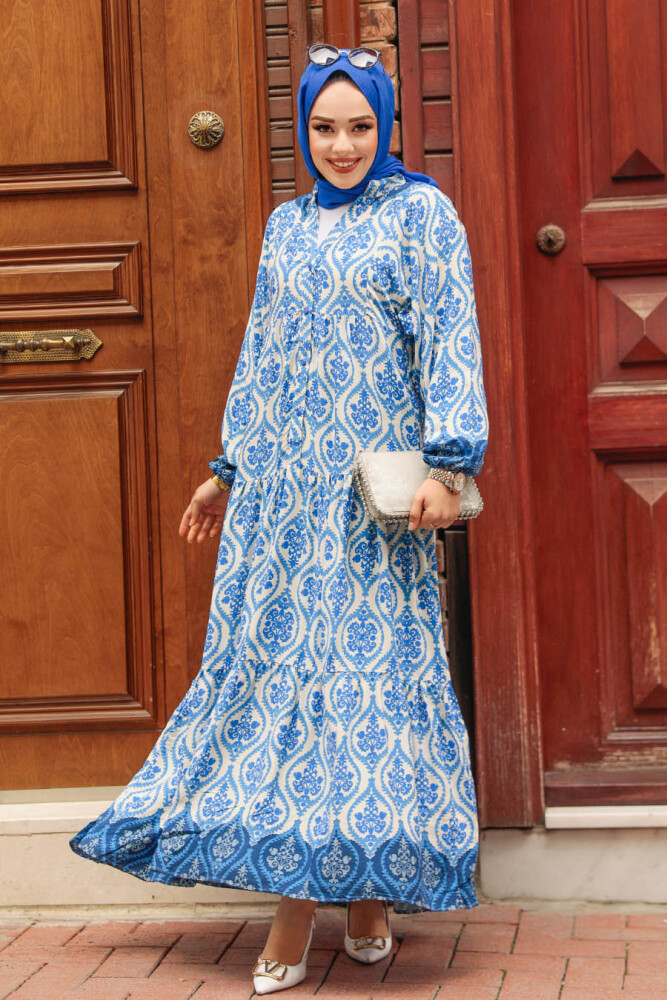 Modest İndigo Blue Maxi Floral Dress 35101IM - 2