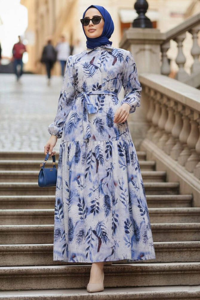 Modest İndigo Blue Maxi Floral Dress 60891IM - 1