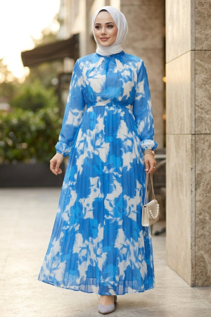 Modest İndigo Blue Pleated Maxi Dress 344602IM - 1