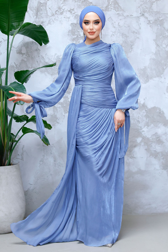 Modest İndigo Blue Prom Dress 48491IM - 1