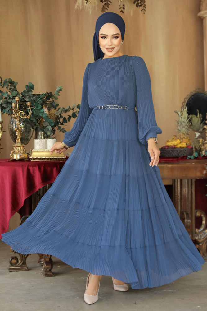 Modest İndigo Blue Ruffle Dress 44761IM - 3