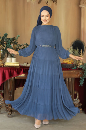 Modest İndigo Blue Ruffle Dress 44761IM - 2