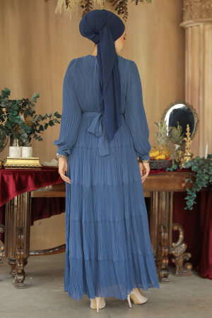 Modest İndigo Blue Ruffle Dress 44761IM - 5