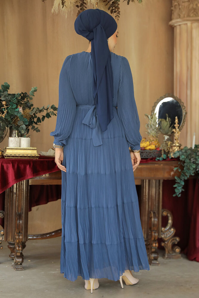 Modest İndigo Blue Ruffle Dress 44761IM - 5