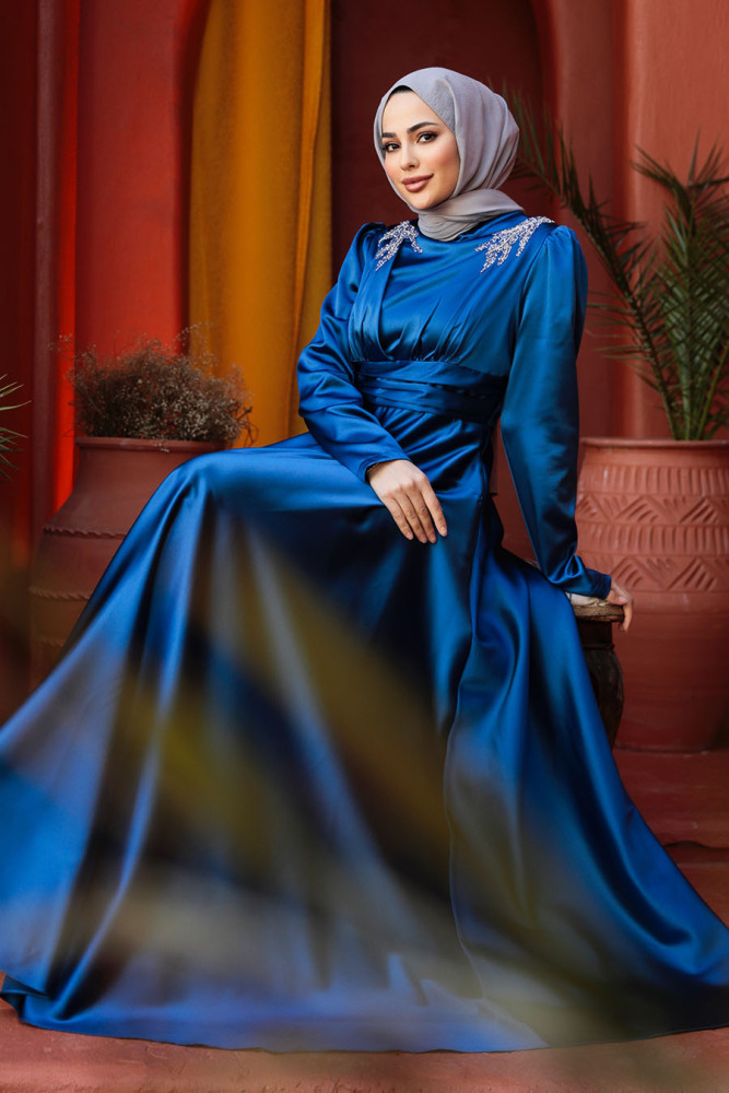 Modest İndigo Blue Satin Bridesmaid Dress 25880IM - 1