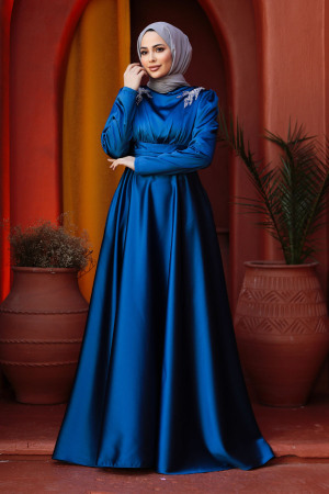 Modest İndigo Blue Satin Bridesmaid Dress 25880IM - 3