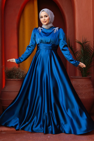 Modest İndigo Blue Satin Bridesmaid Dress 25880IM - 2