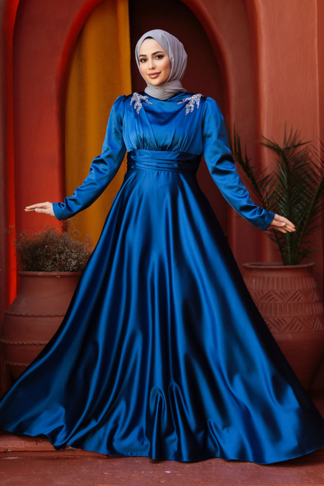 Modest İndigo Blue Satin Bridesmaid Dress 25880IM - 2