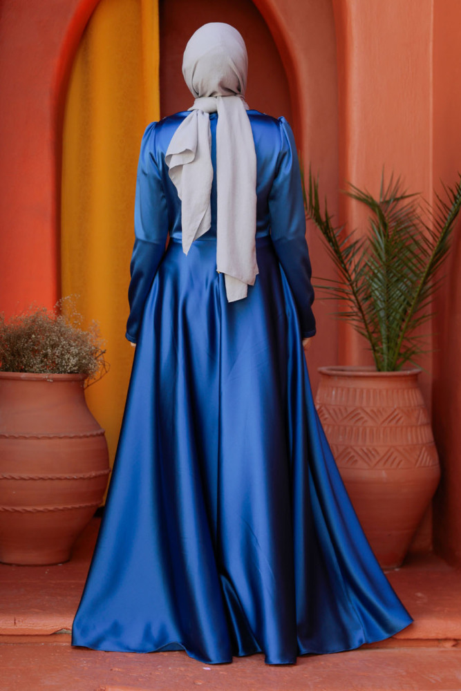Modest İndigo Blue Satin Bridesmaid Dress 25880IM - 5