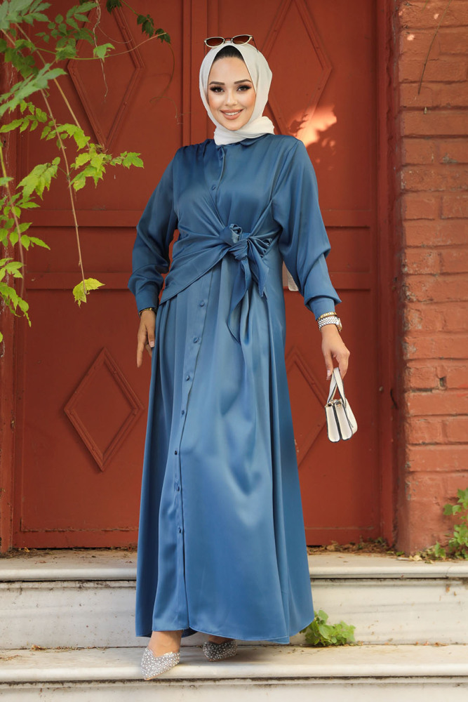 Modest İndigo Blue Satin Dress 61021IM - 2
