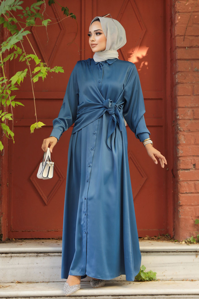 Modest İndigo Blue Satin Dress 61021IM - 1