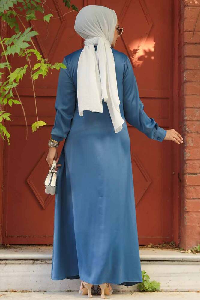 Modest İndigo Blue Satin Dress 61021IM - 3