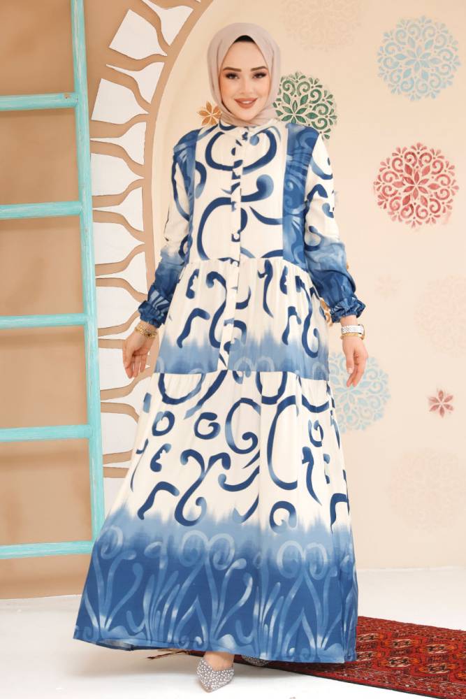 Modest İndigo Blue Summer Dress 10208IM - 1