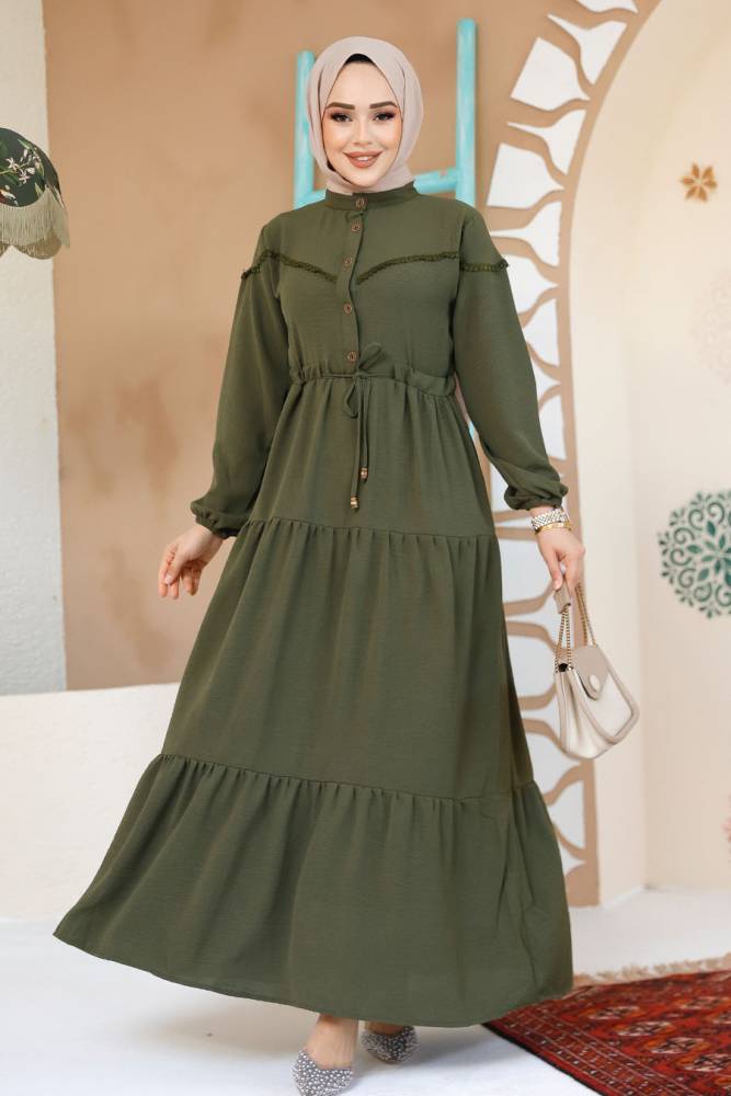 Modest Khaki Eid Dress 10334HK - 1