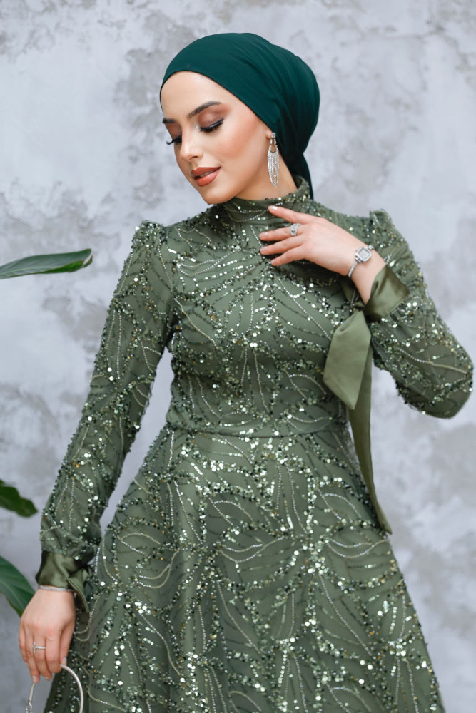 Modest Khaki Elegant Evening Gown 4908HK - 3