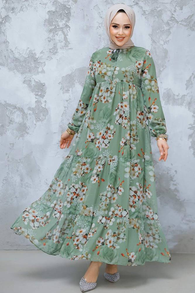 Modest Khaki Floral Dress 22053HK - 1